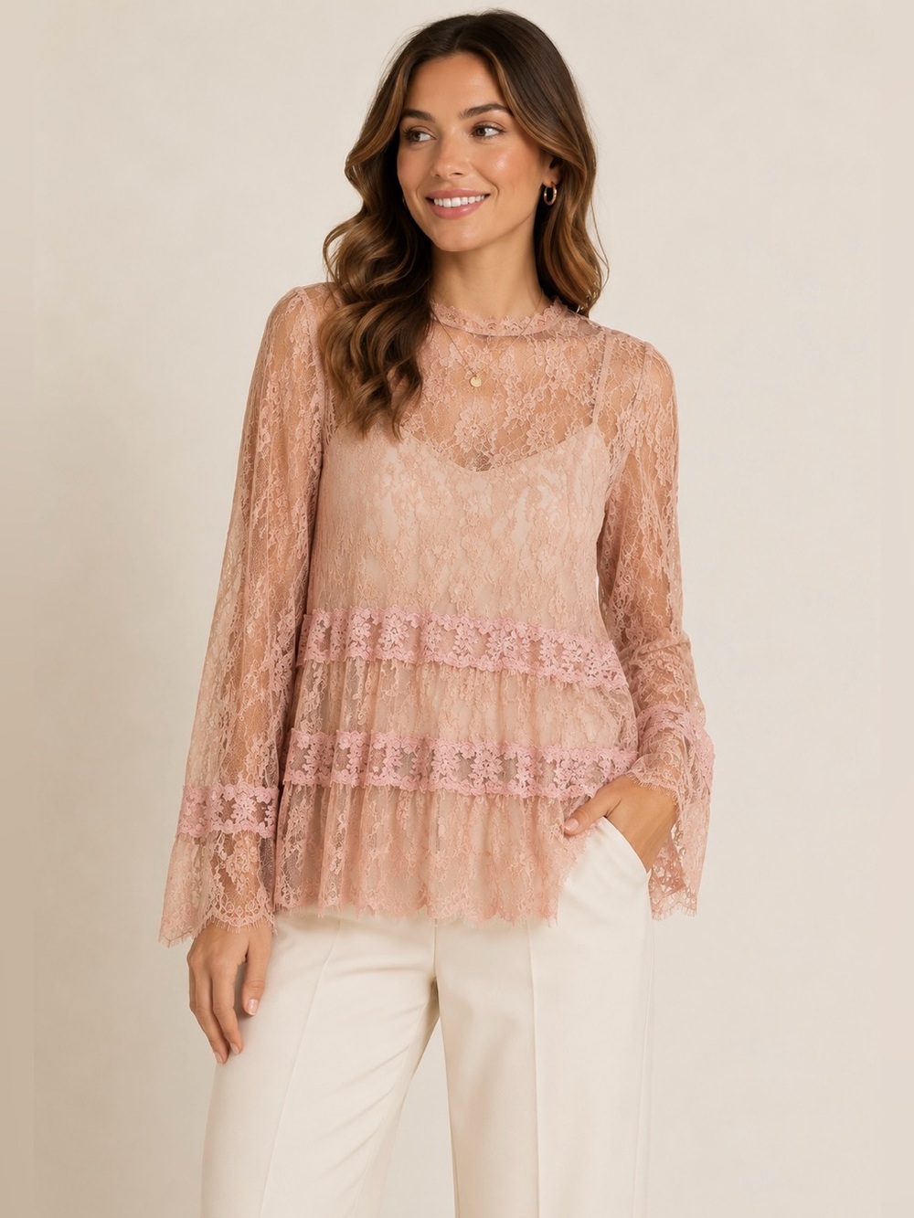 Buffalo David Bitton Pink Lace Peplum Blouse Size M Sheer Romantic Top